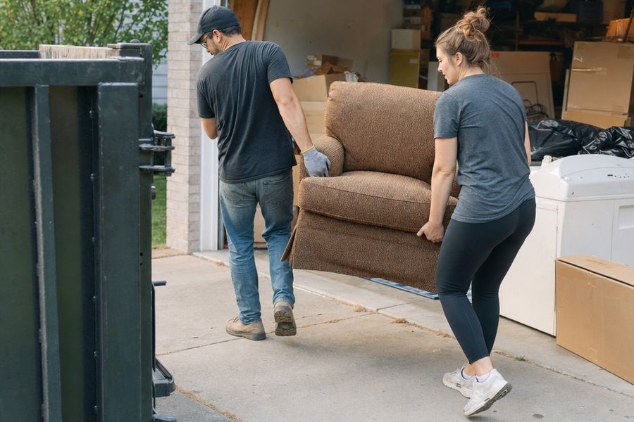 Two people carrying an armchair out of a garage during a cleanout