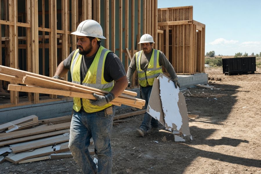 Crew framing a new house on a construction site