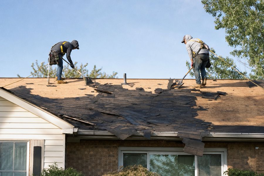 Roofers tearing off old shingles